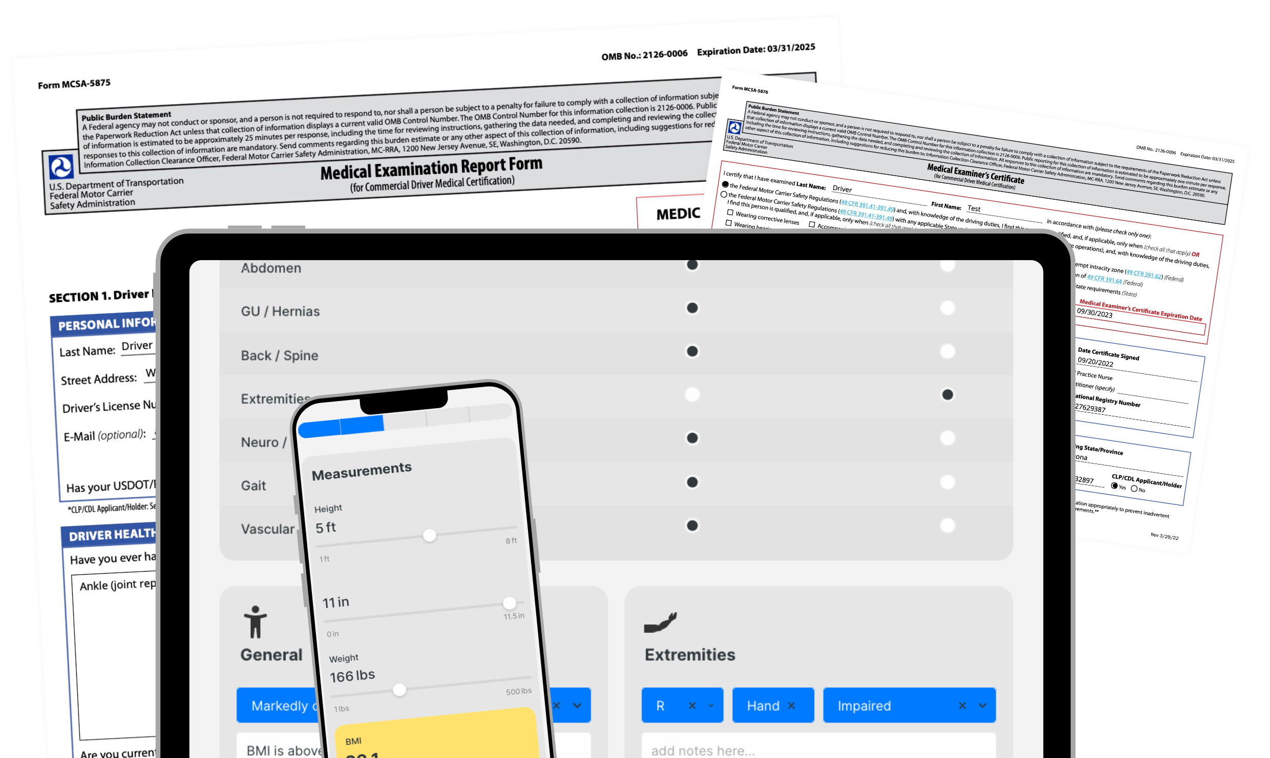 DOT Physical Exam Software, Simplephysical on mobile devices with form MCSA-5875 behind it
